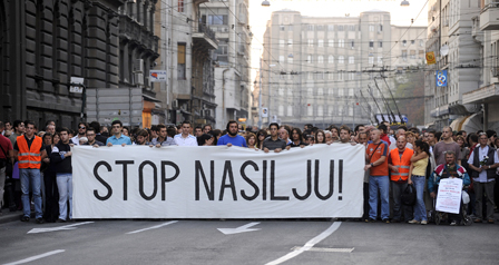 "Stop Violence". Protest in Belgrade, Serbia, October 1, 2009.