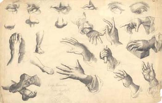 Odessa Quarantine, sheet of sketches of hands, feet, eyes, noses, lips, 1841. Artist unknown.