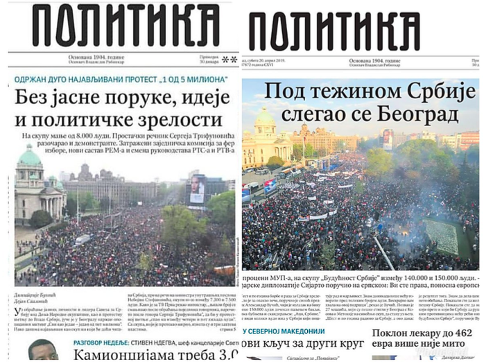 Left: “Without a clear message, idea and political maturity” 7500 people (opposition rally), Right: “Under the weight of Serbia, Belgrade has settled” 150 000 people (government rally)